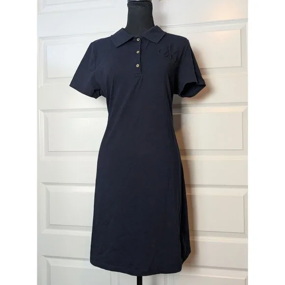 NWOT Calvin Klein Size L Polo Shirt Dress Navy Blue Designer Nautical Minimalist - Picture 2 of 12